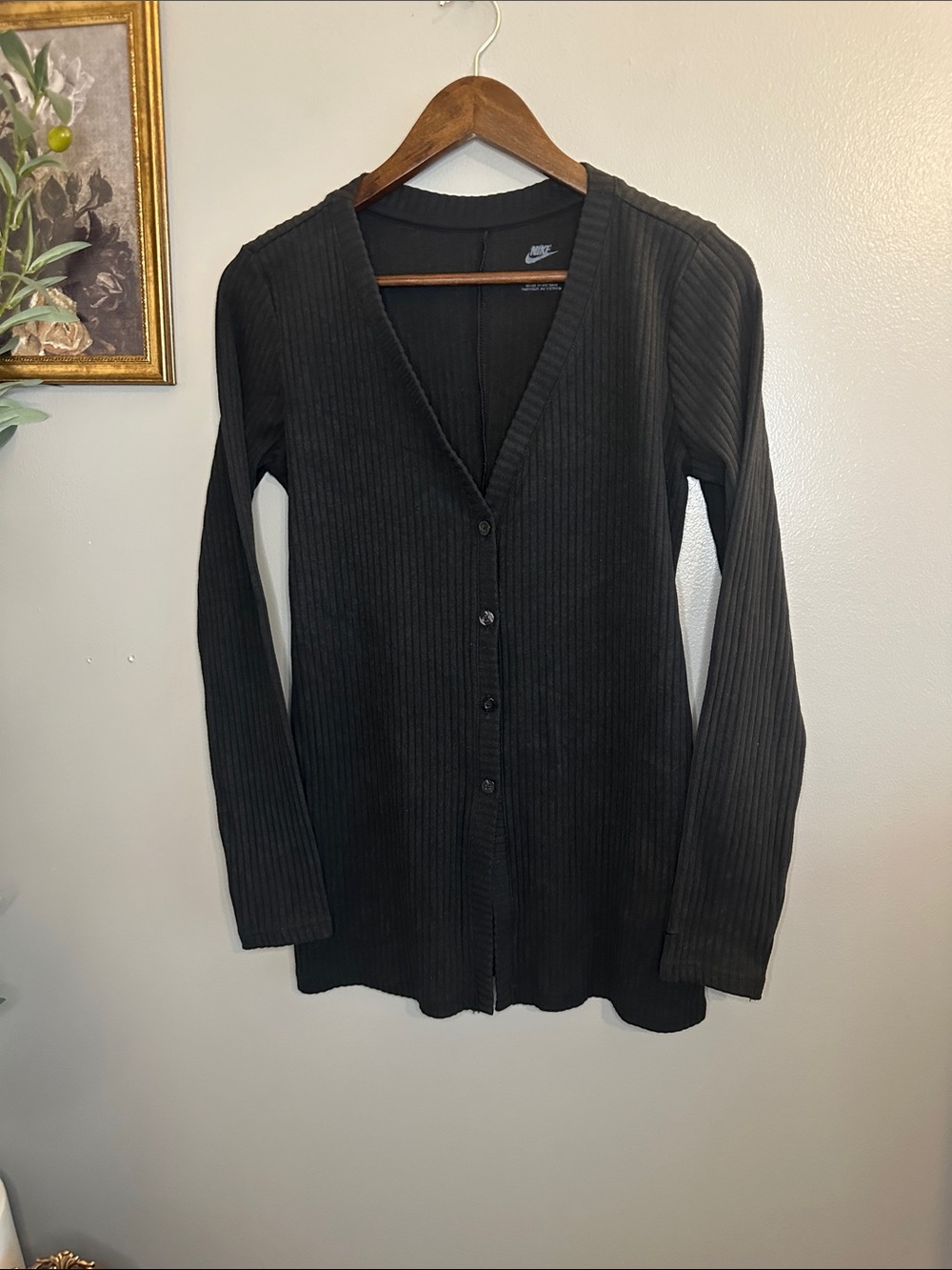 Nike Black Ribbed Button Front Cardigan Sweater Lightweight Athleisure Size S - Picture 2 of 7